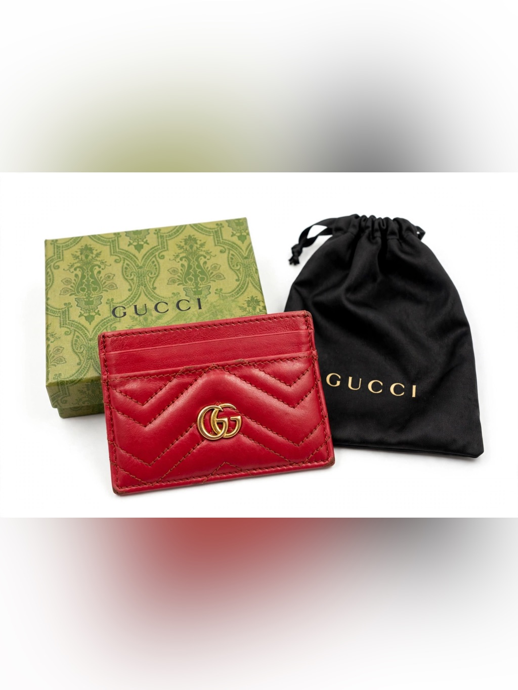 Gucci Red Marmot Quilted Leather Card Holder With Gold Gg
